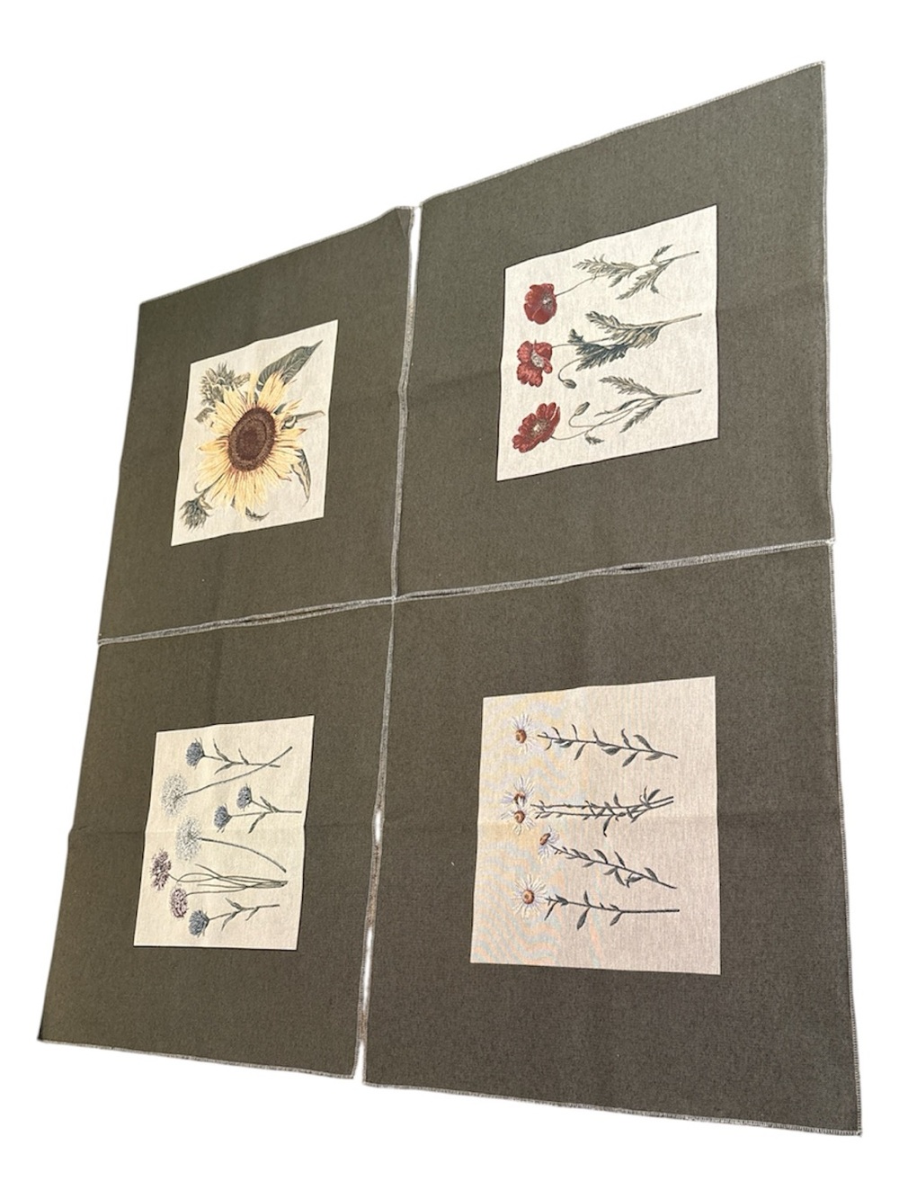 Four Botanical Fabric Panels Poppy Sunflower Daisy Wildflowers On Dark Gray